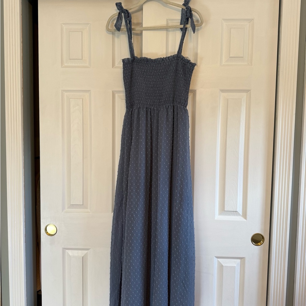 Blue Textured Maxi Dress with Ribbon Straps
